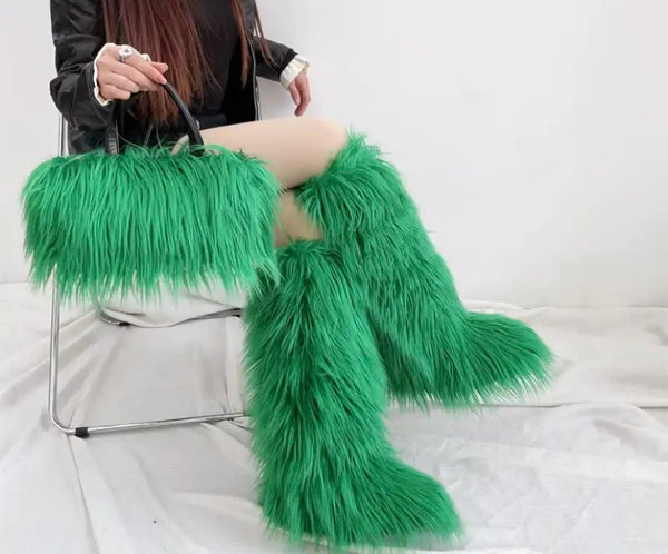 Women Fashion Color Faux Fur Knee High Boots Purse Set