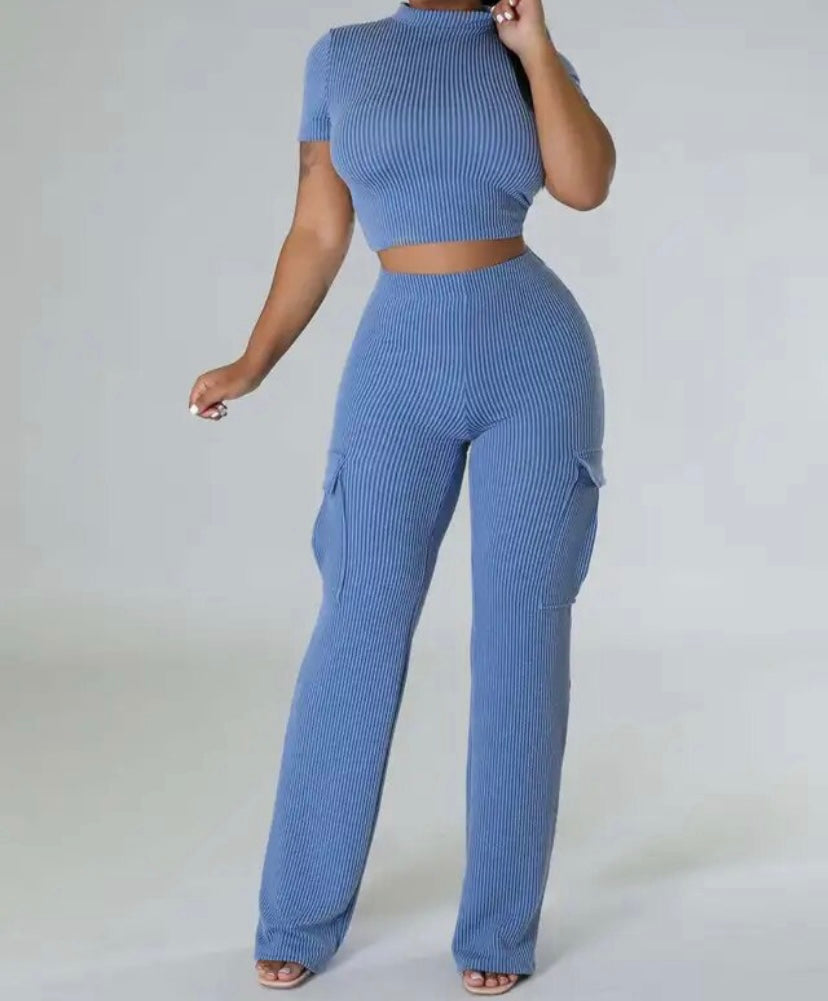 Women Solid Color Ribbed Short Sleeve Crop Two Piece Pant Set