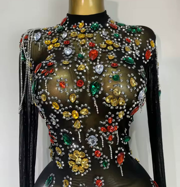 Women Sexy Black Color Crystal Full Sleeve Glove Mesh Dress