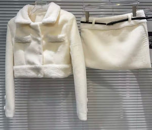 Women White Fashion Faux Fur Jacket Two Piece Skirt Set