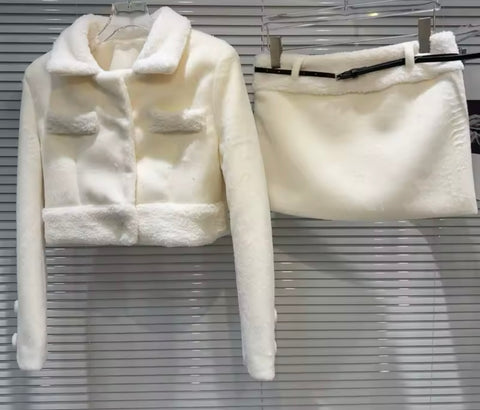 Women White Fashion Faux Fur Jacket Two Piece Skirt Set