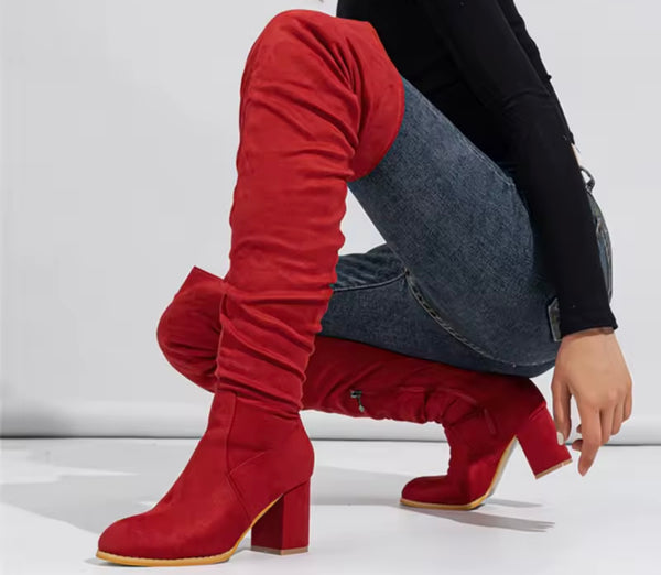 Women Color Suede Over The Knee High Heel Boots