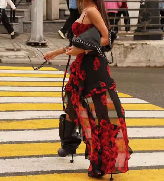 Women Sexy Sleeveless Ruffled Printed Asymmetrical Dress
