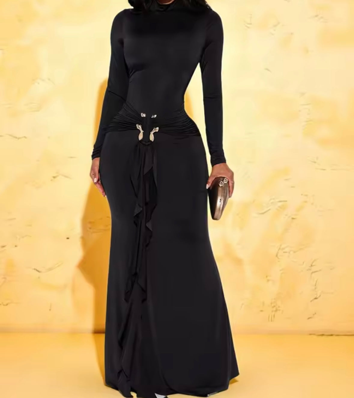 Women Sexy Metal Ruched Full Sleeve Maxi Dress