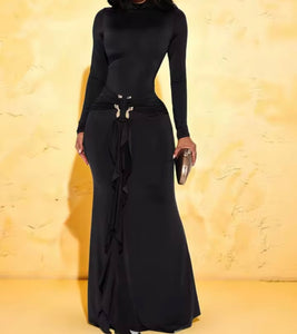 Women Sexy Metal Ruched Full Sleeve Maxi Dress
