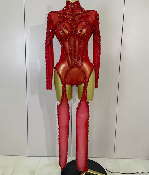 Women Mesh Crystal Full Sleeve Sexy Bodysuit Jumpsuit