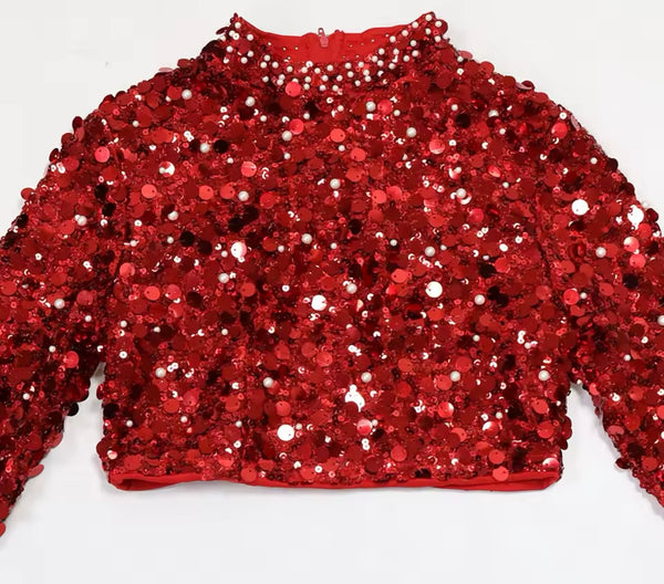 Women Sexy Sequins Full Sleeve Crop Two Piece Velour Skirt Set