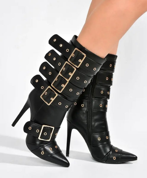 Women Fashion Pointed Toe Buckled Ankle Boots