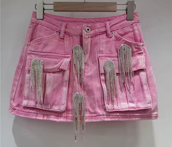Women Fashion Pink Rhinestone Tassel Denim Two Piece Skirt Set