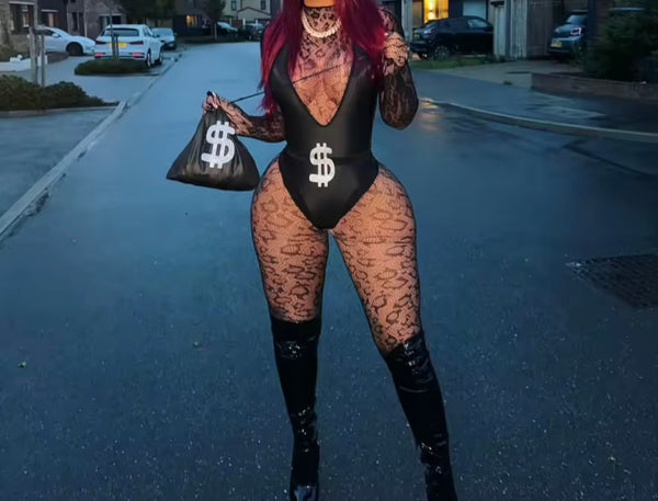 Women Black Sexy Money Lace Bodysuit Five Piece Lingerie Set Costume