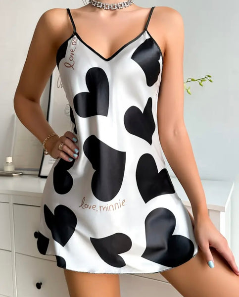 Women Sexy Love Heart Print Sleeveless Satin Nightgown