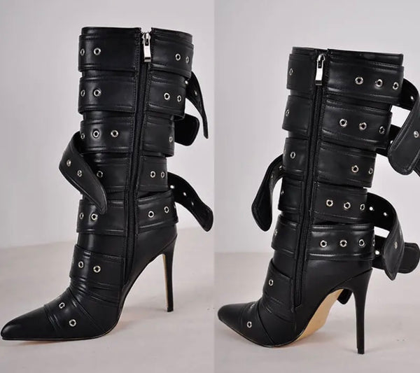 Women Fashion Pointed Toe Buckled Faux Leather Boots