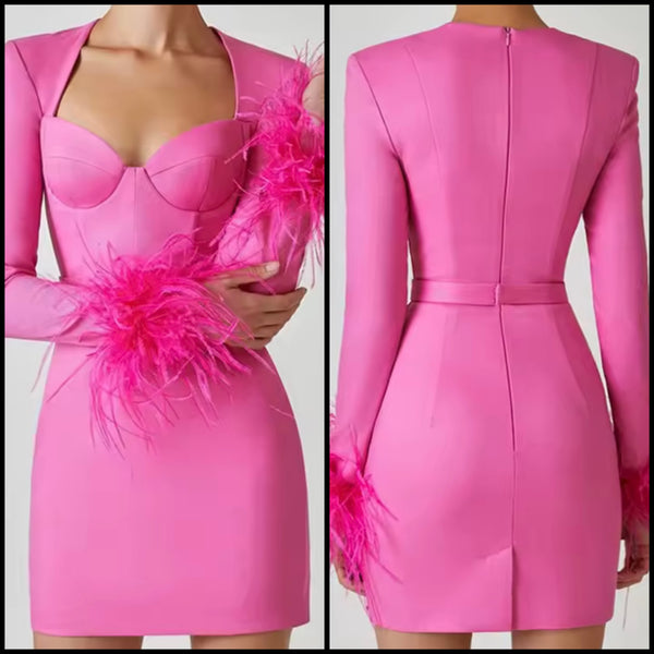 Women Pink Sexy Feather Full Sleeve Dress