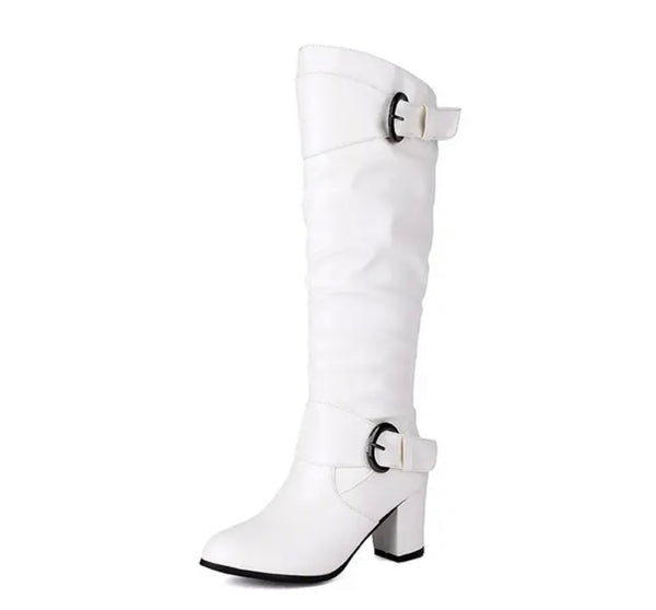 Women Fashion Patent Leather Buckled Knee High Boots