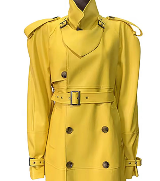 Women Fashion Yellow Belted Button Up Faux Leather Trench Jacket