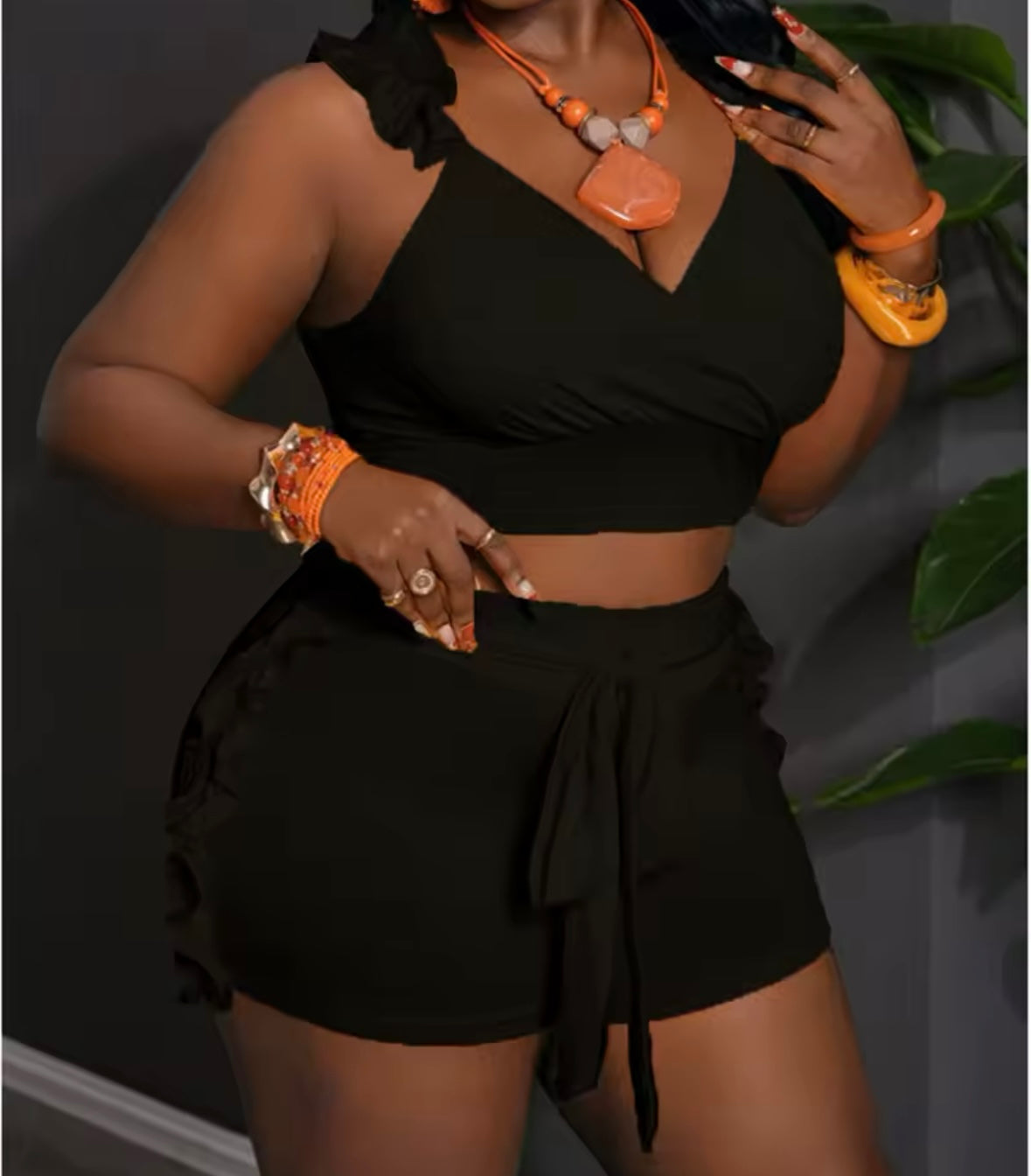 Women Solid Color Sleeveless Ruffled Two Piece Short Set