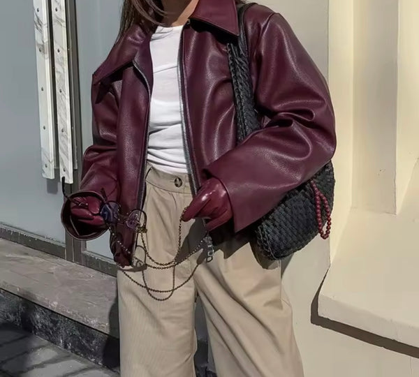 Women Color Zip Up Fashion Faux Leather Jacket