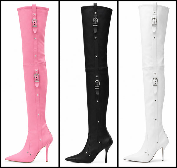 Women Fashion Pointed Toe Over The Knee Buckled High Heel Boots