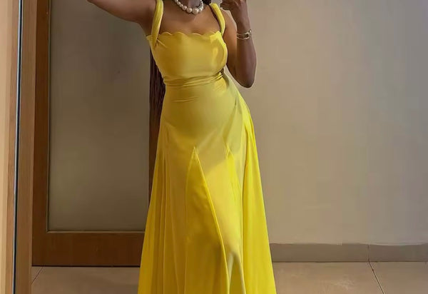 Women Yellow Sleeveless Sexy Maxi Dress