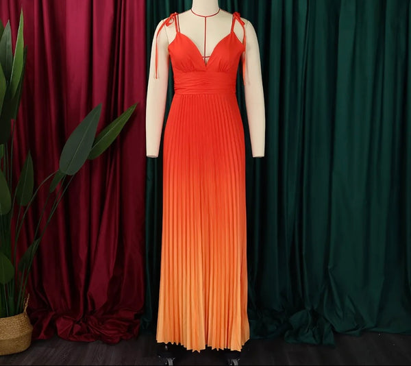 Women Sexy Sleeveless Gradient Pleated Maxi Dress