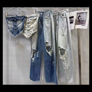 Women Rhinestone Button Up Crop Two Piece Ripped Denim Pant Set