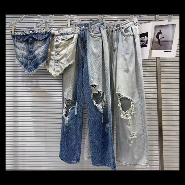 Women Rhinestone Button Up Crop Two Piece Ripped Denim Pant Set