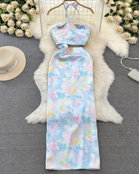 Women Sexy Sleeveless Tie Dye Cut Out Maxi Dress