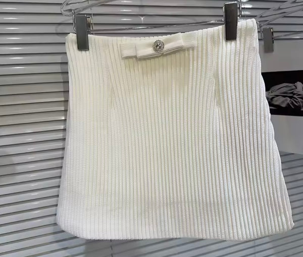 Women Button Bow Sleeveless Ribbed Sexy Two Piece Skirt Set