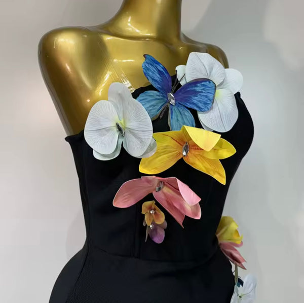 Women Sexy Strapless Black Floral Side Split Maxi Dress
