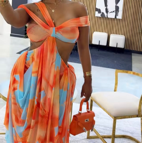 Women Sexy Orange Floral One Shoulder Dress