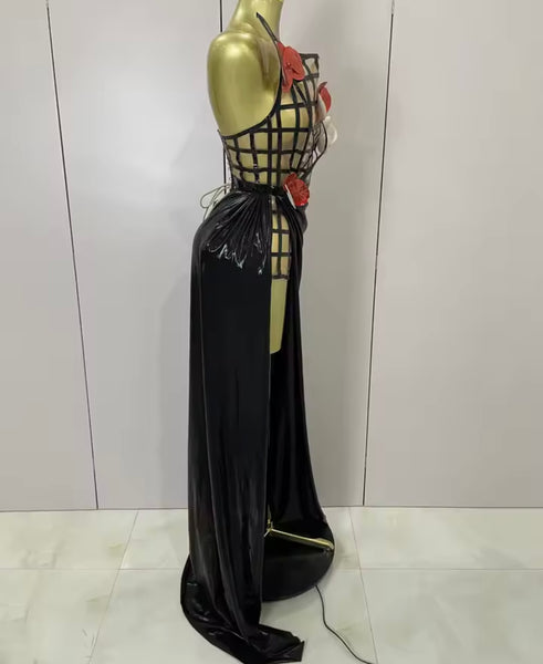 Women Sexy Strapless Glove 3D Floral Two Piece Maxi Skirt Set