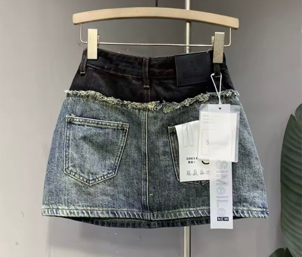Women Color Patchwork Fashion Denim Skirt