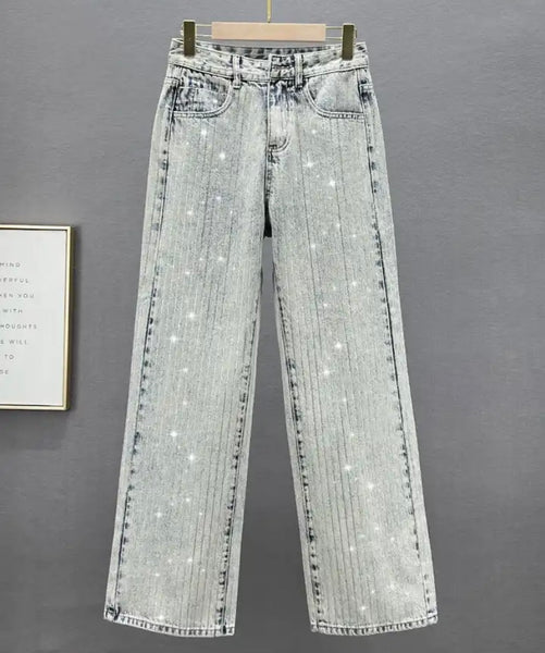 Women Fashion Rhinestone Striped Denim Pants