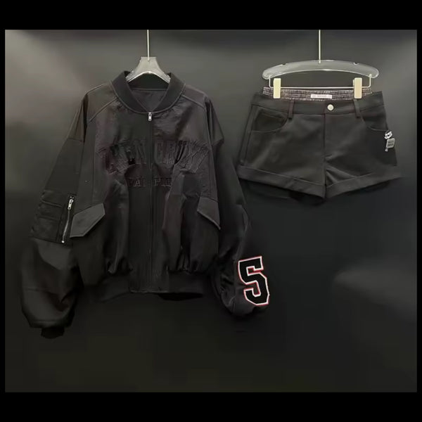 Women Black Letter Number Print Zip Up Two Piece Short Set