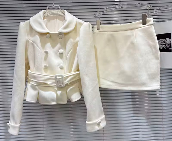 Women Button Up Belted Blazer Fashion Two Piece Skirt Set