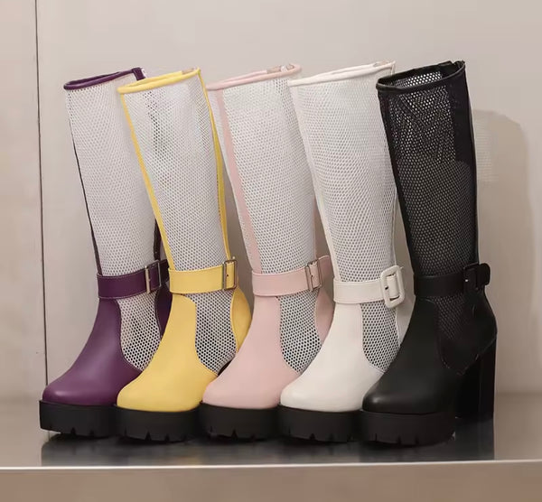 Women Color Buckled Mesh Platform Knee High Fashion Boots