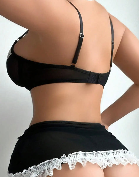 Women Sexy B&W Bow Lace Patchwork Lingerie Set