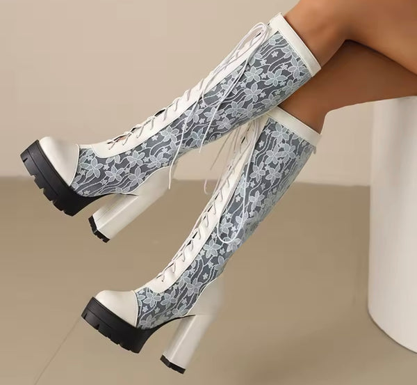 Women Fashion Color Floral Mesh Lace Up Platform Knee High Boots