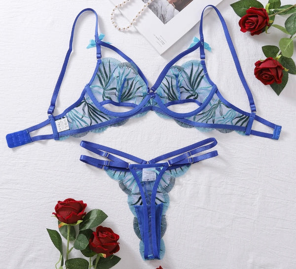 Women Sexy Blue Printed Mesh Lingerie Set