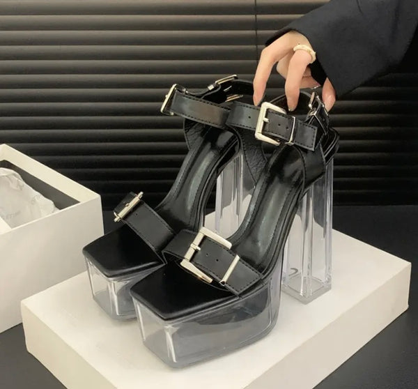 Women Black Buckled Platform Transparent High Heel Sandals