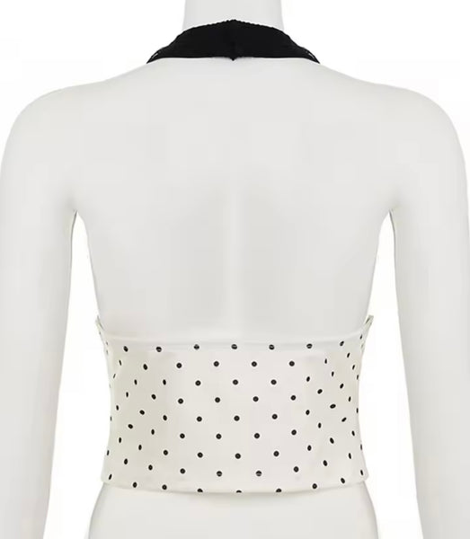 Women Sexy B&W Polka Dot Halter Two Piece Skirt Set