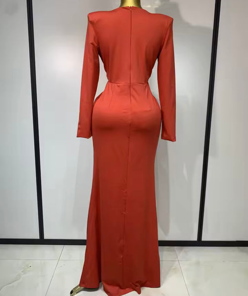 Women Sexy V-Neck Full Sleeve Ruched Rhinestone Maxi Dress