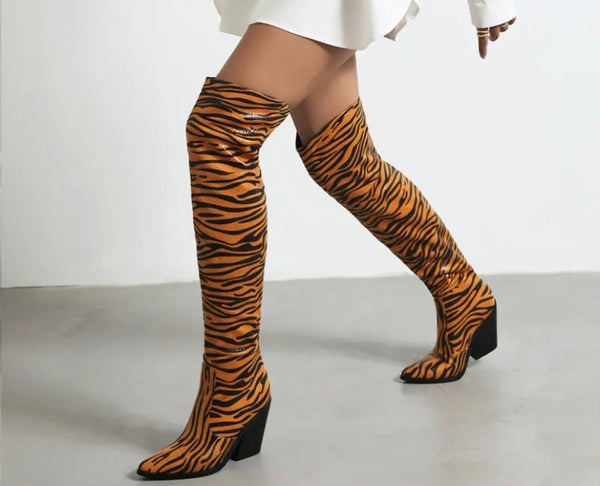 Women Faux Leather Zebra Print Western Boots