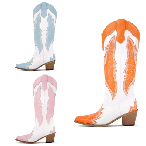 Women Fashion Color Patchwork Rivet Knee High Western Boots