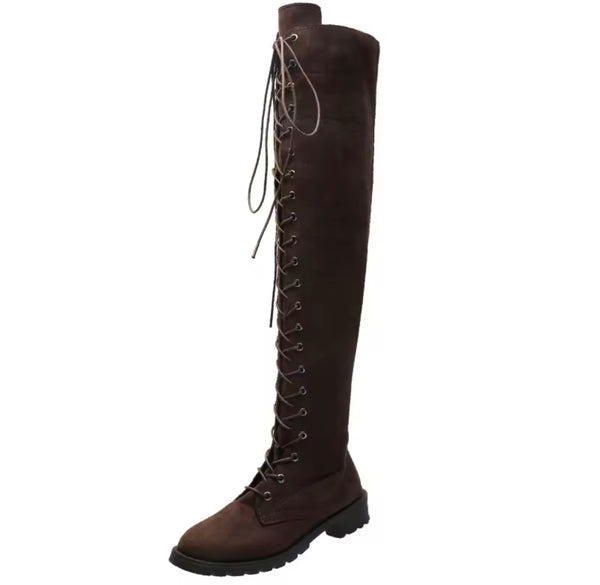 Women Fashion Color Suede Lace Up Over The Knee Flat Boots