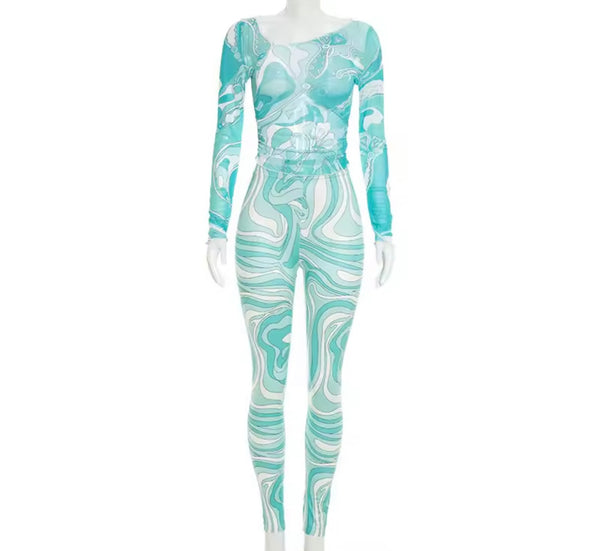 Women Printed Mesh Full Sleeve Fashion Two Piece Pant Set