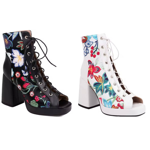 Women Fashion Open Toe Floral Lace Up Ankle Boots