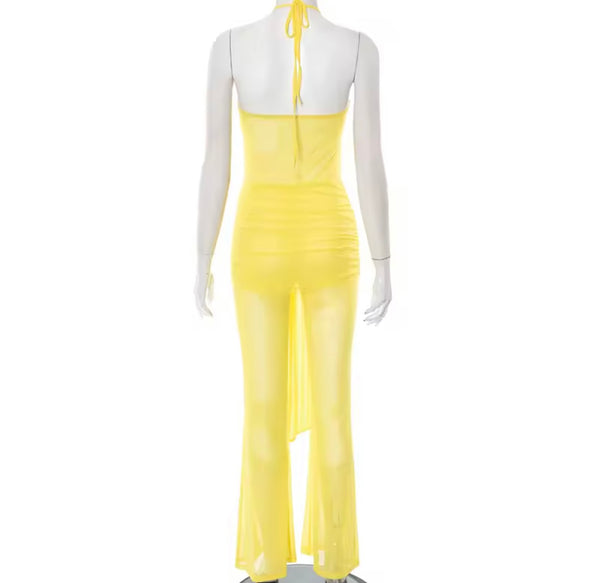 Women Sexy Halter Sleeveless Cut Out Mesh Jumpsuit