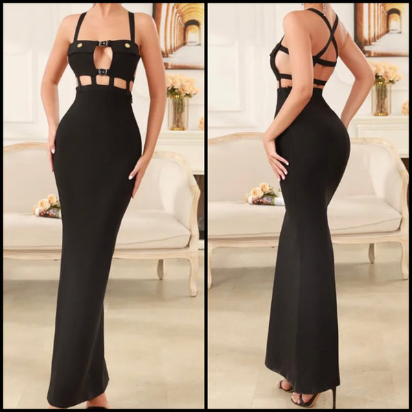 Women Black Sexy Sleeveless Pocket Buckled Maxi Dress