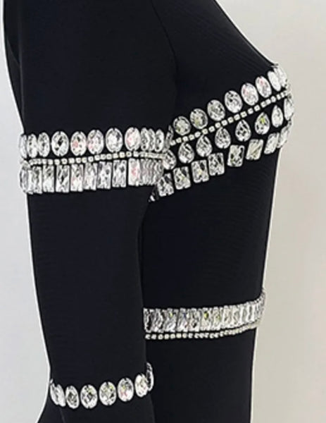 Women Sexy Long Sleeve Black Crystal Rhinestone Dress